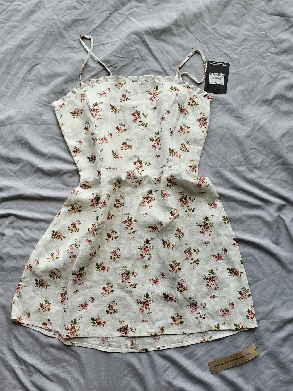 Reformation White Floral Mini Dress with Pink and Green Bouquet Print